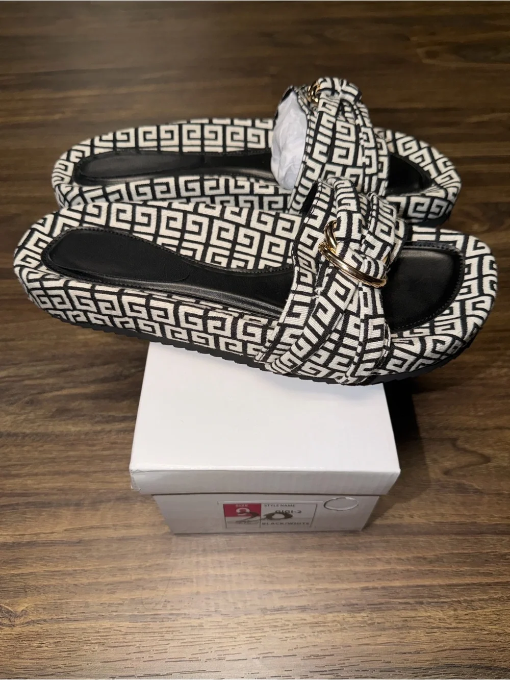 Black & White Geometric Slide Sandals with Gold Buckle